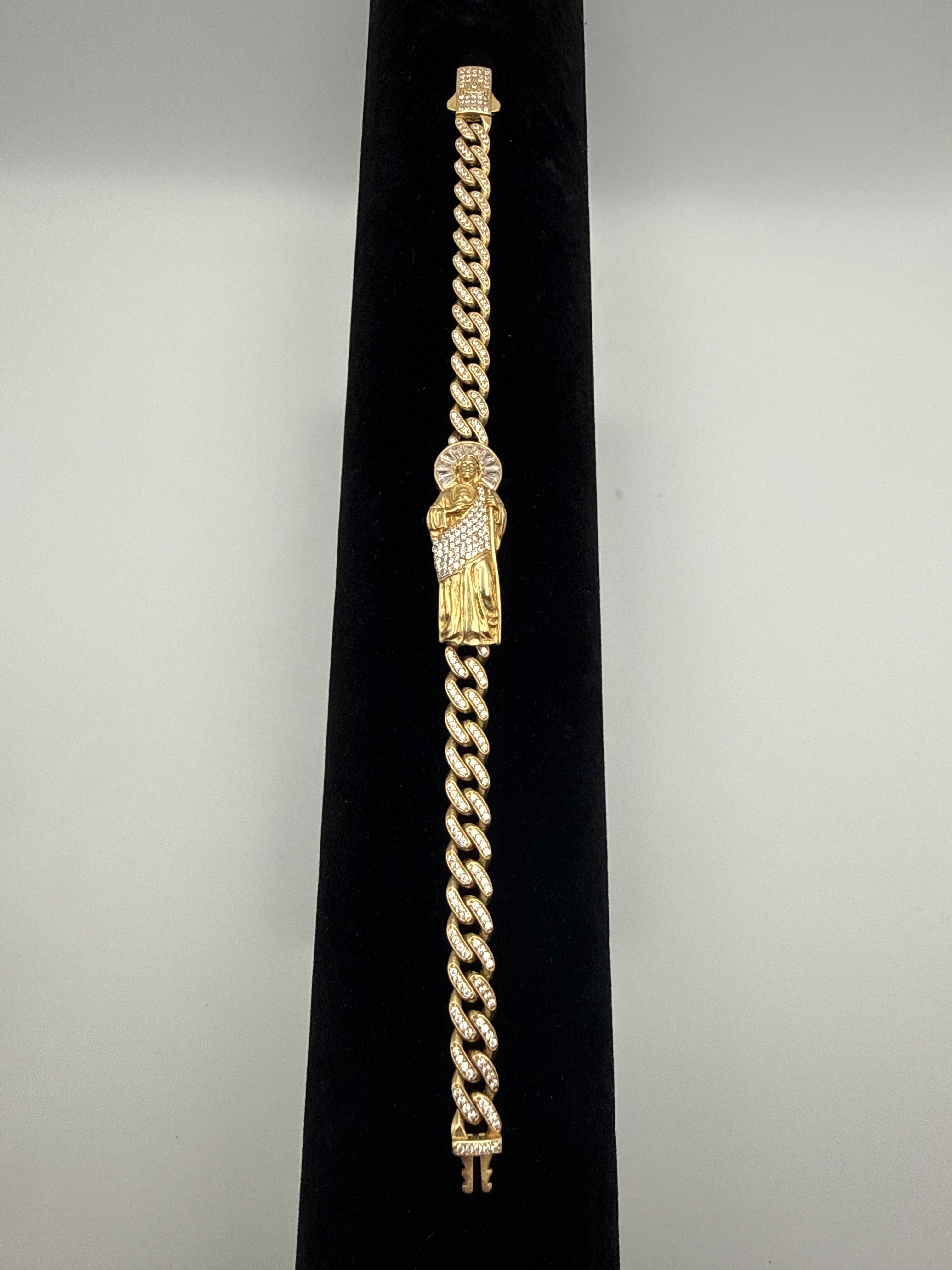 14k Gold Saint Jude Cuban Link Bracelet with CZ Diamonds Lock