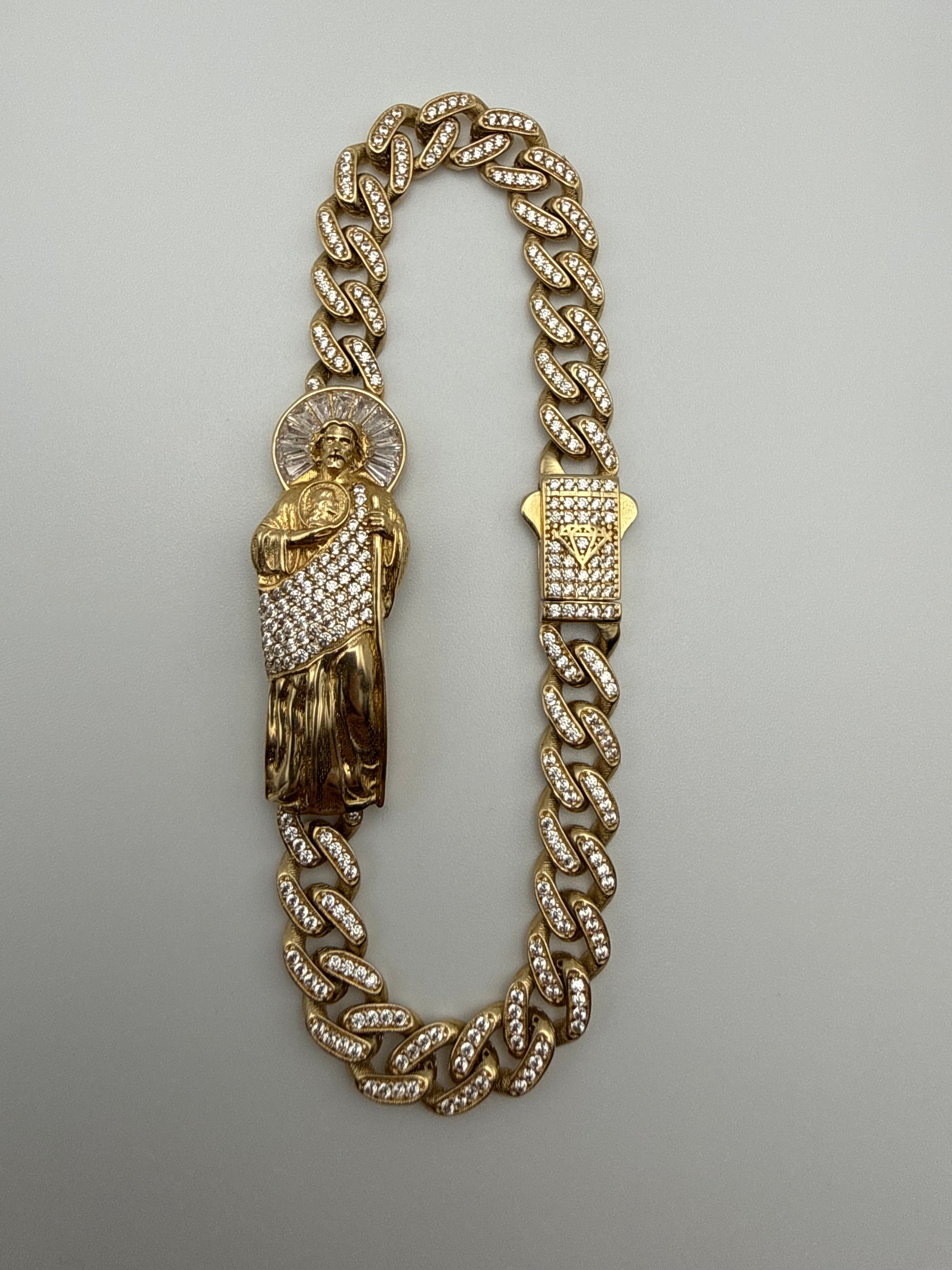 14k Gold Saint Jude Cuban Link Bracelet with CZ Diamonds Lock