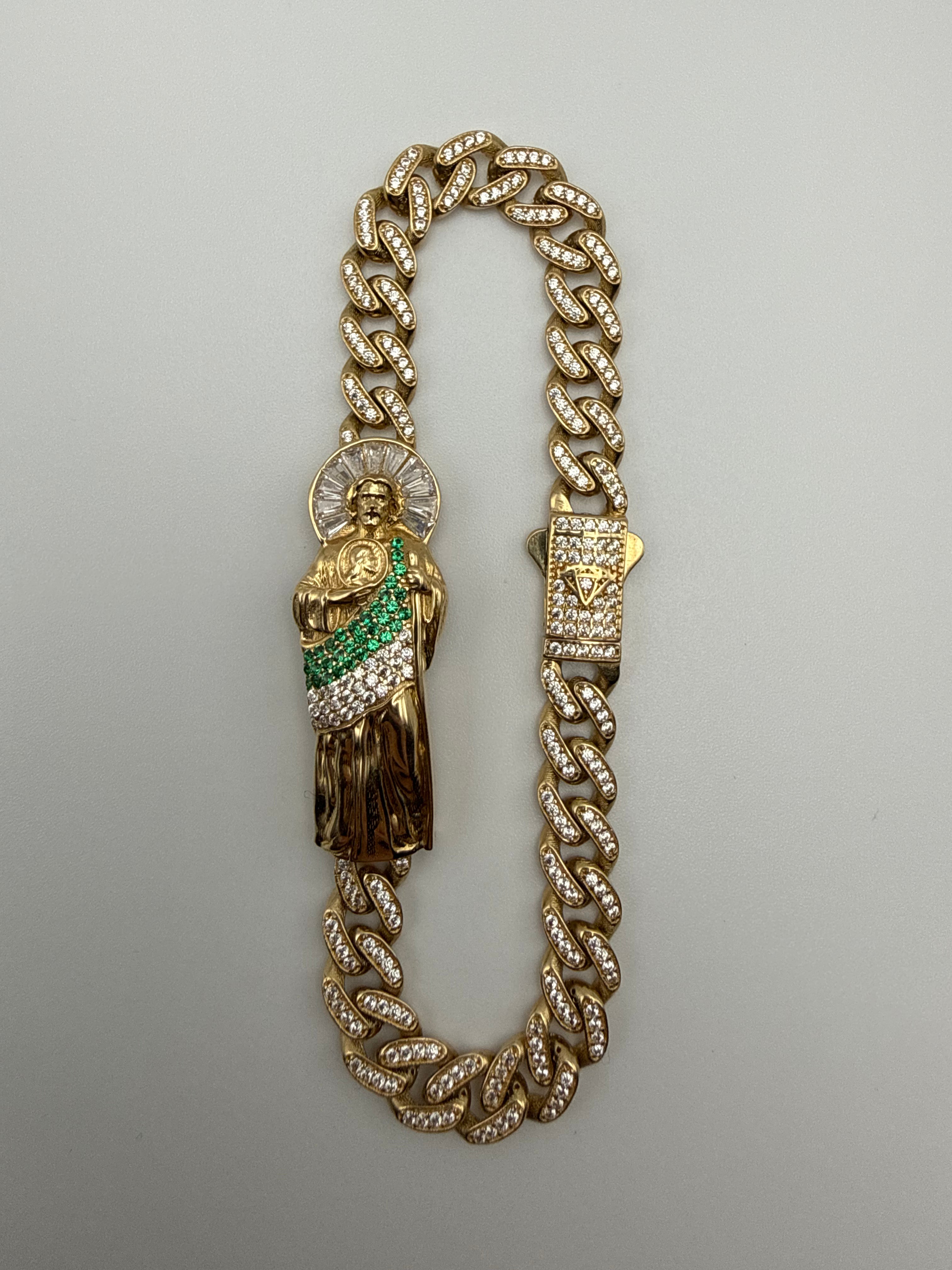 14k Gold Saint Jude Cuban Link Bracelet with CZ Diamond Lock