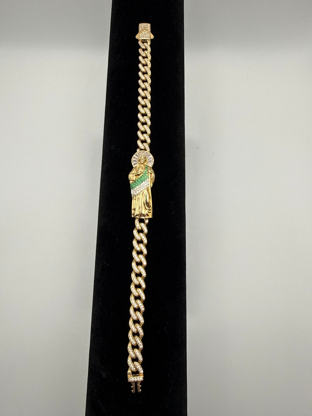 14k Gold Saint Jude Cuban Link Bracelet with CZ Diamond Lock