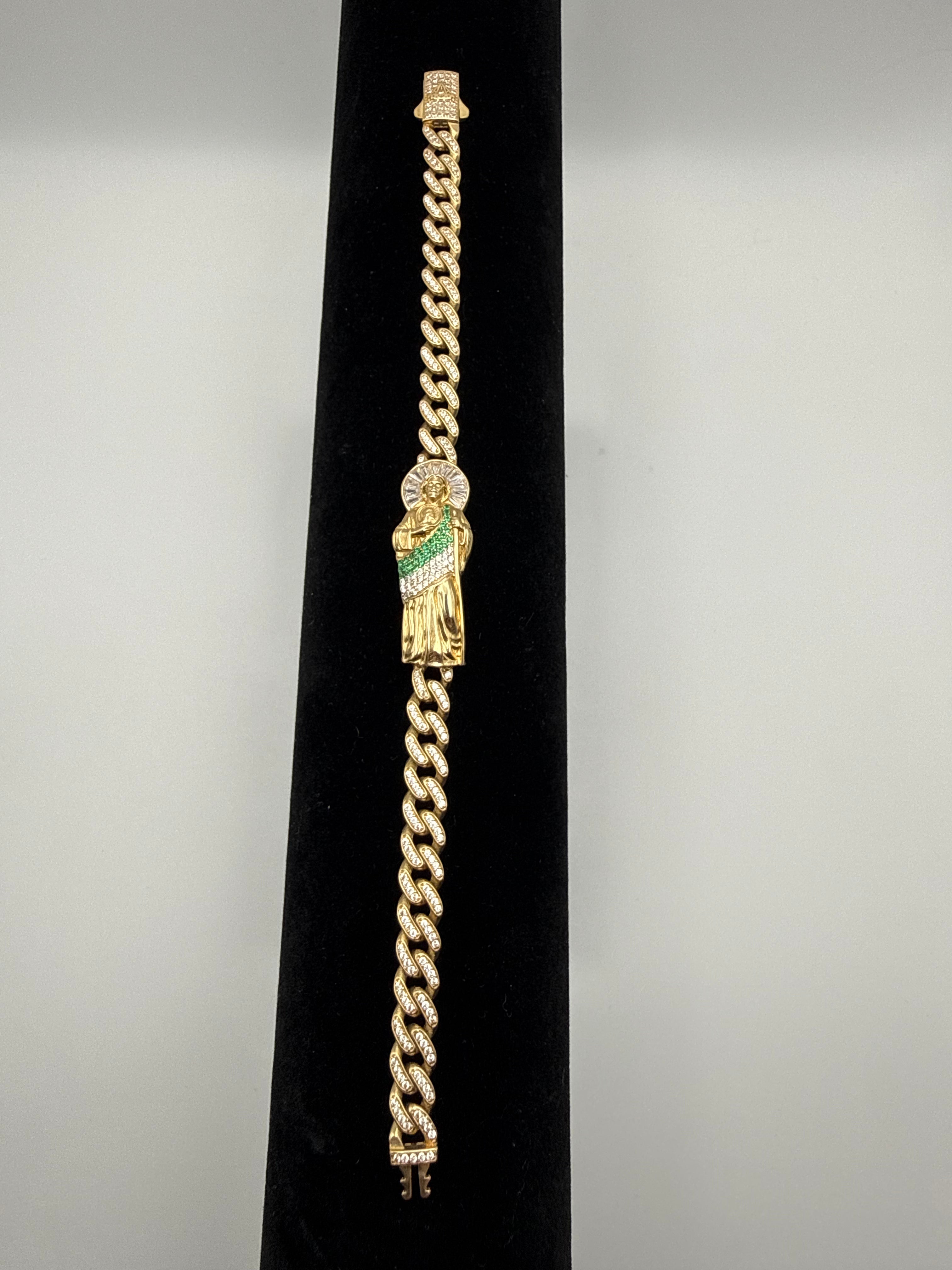 14k Gold Saint Jude Cuban Link Bracelet with CZ Diamond Lock