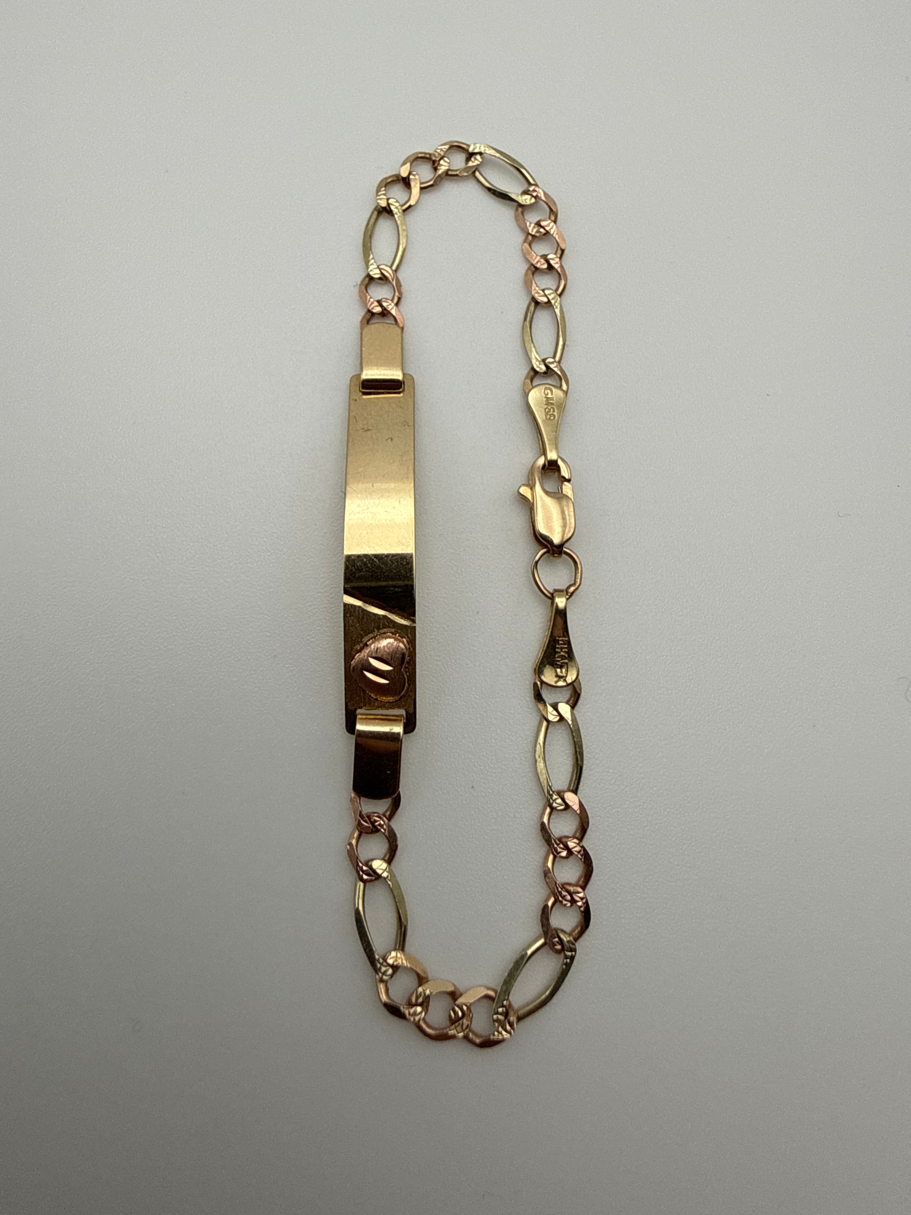 14k Gold Figaro Bracelet with Rose Gold Heart