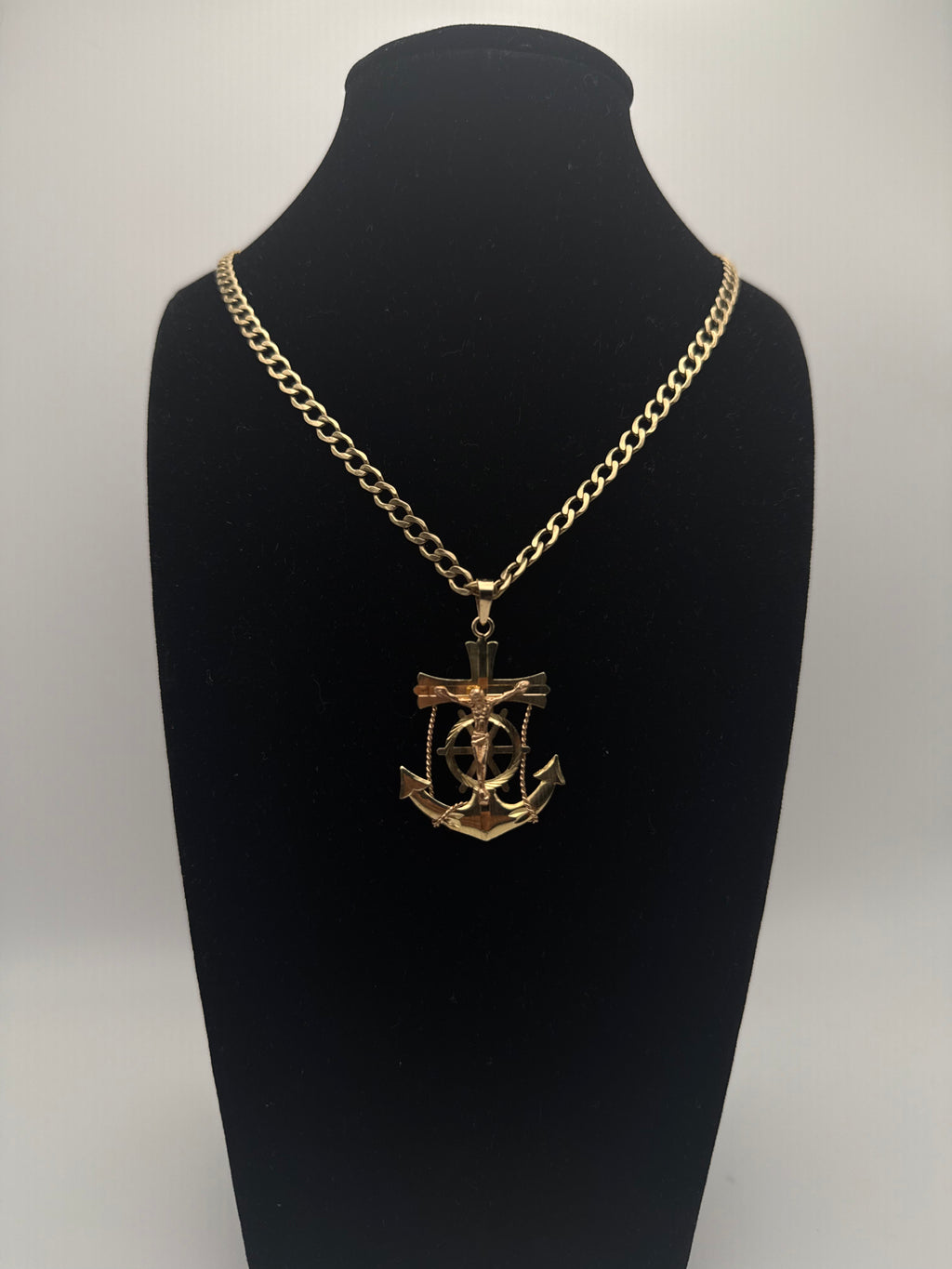 14k Gold Cuban Curb Chain with Cross Anchor Pendant