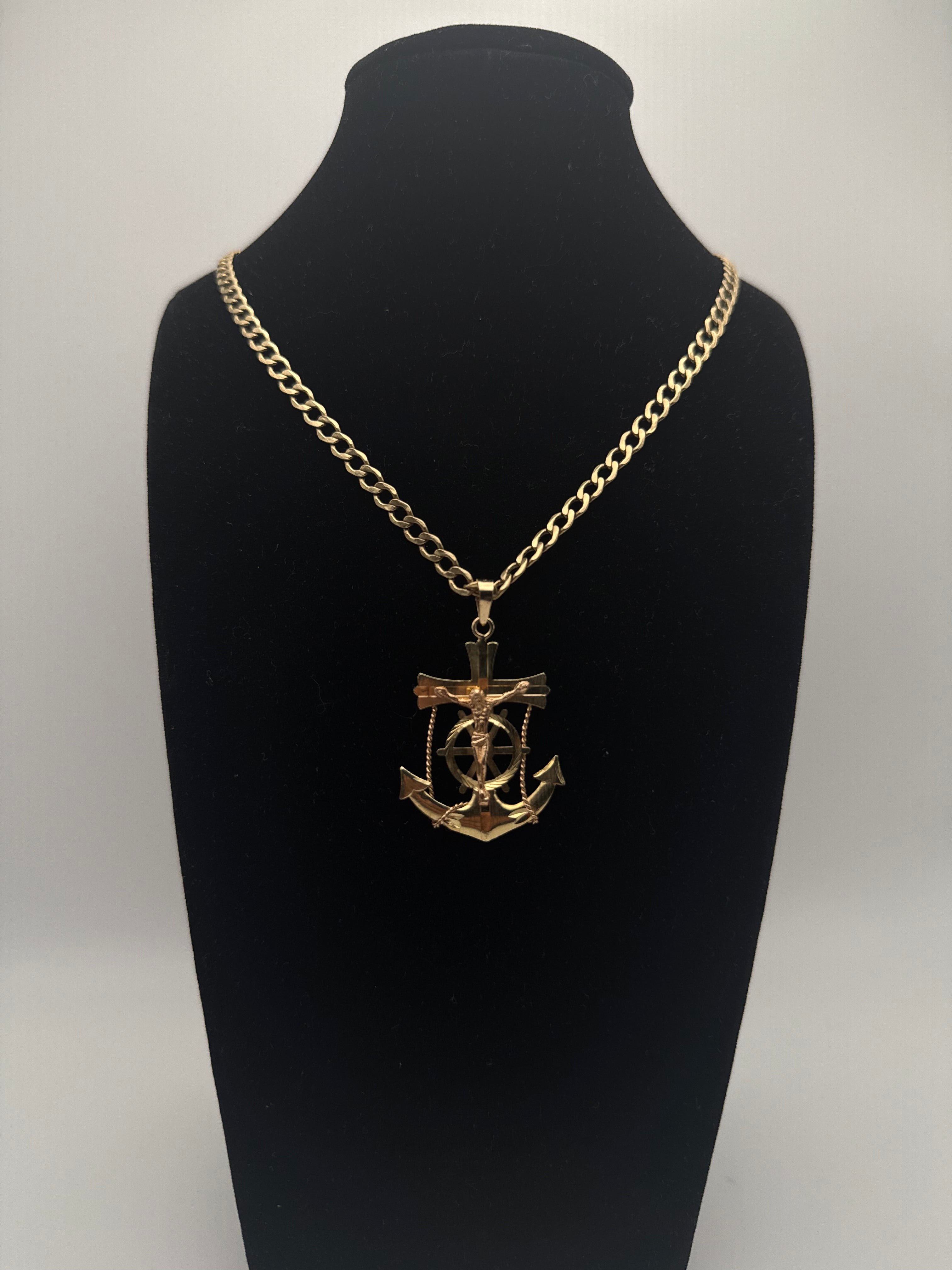 14k Gold Cuban Curb Chain with Cross Anchor Pendant