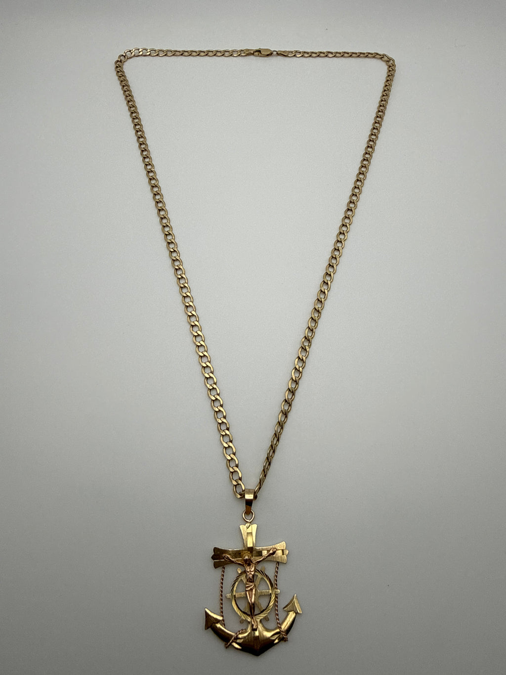 14k Gold Cuban Curb Chain with Cross Anchor Pendant
