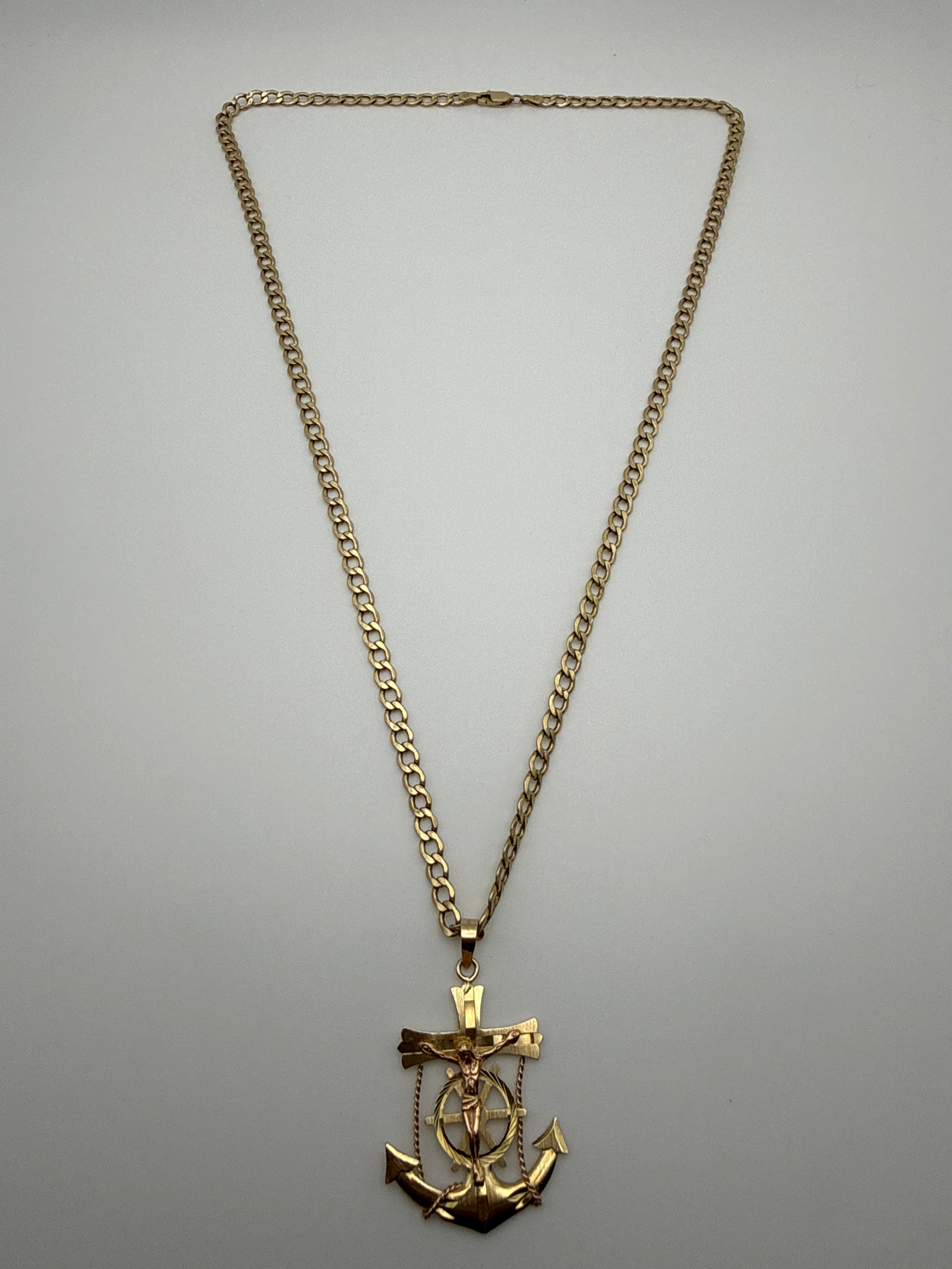 14k Gold Cuban Curb Chain with Cross Anchor Pendant