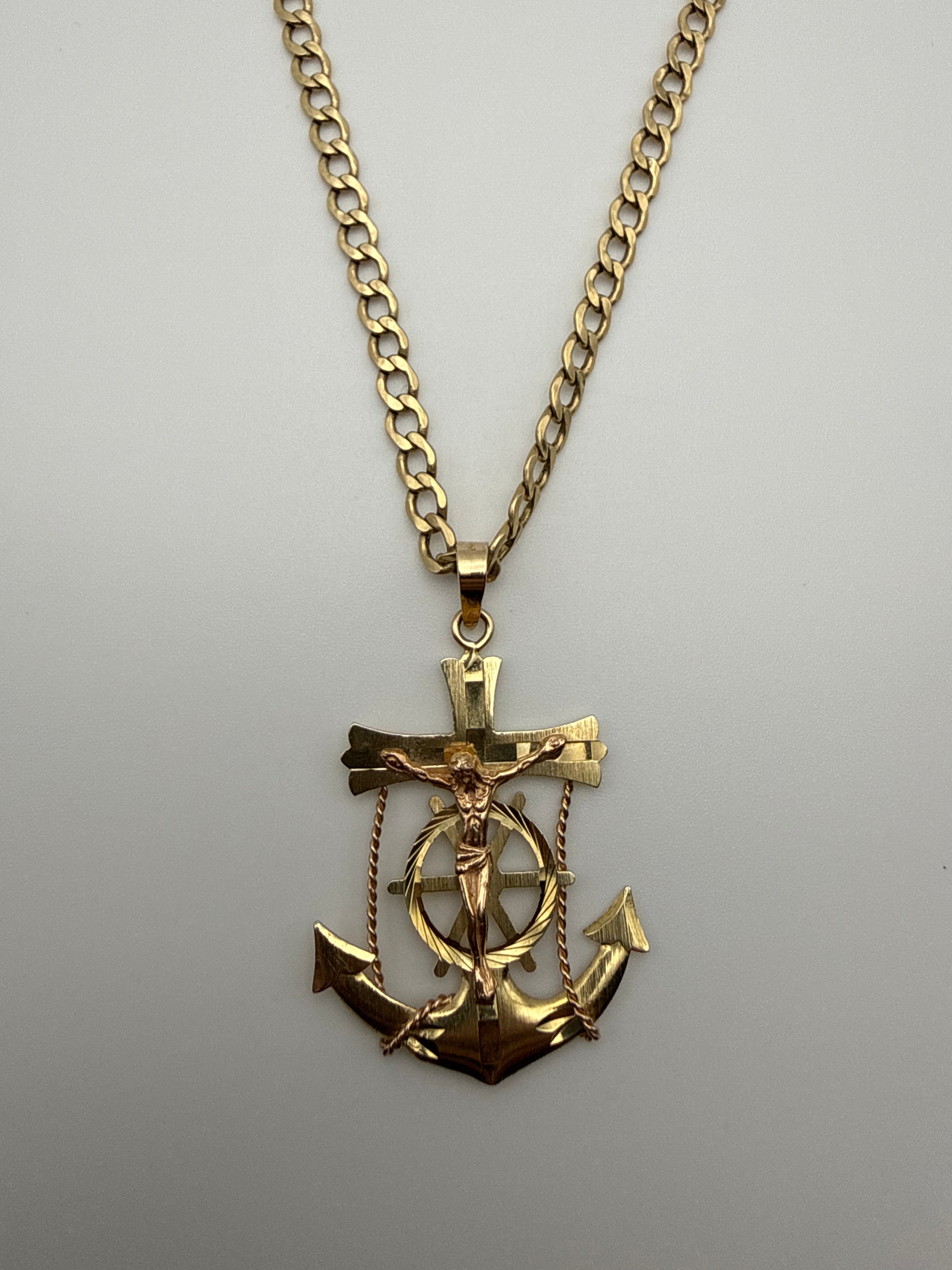 14k Gold Cuban Curb Chain with Cross Anchor Pendant