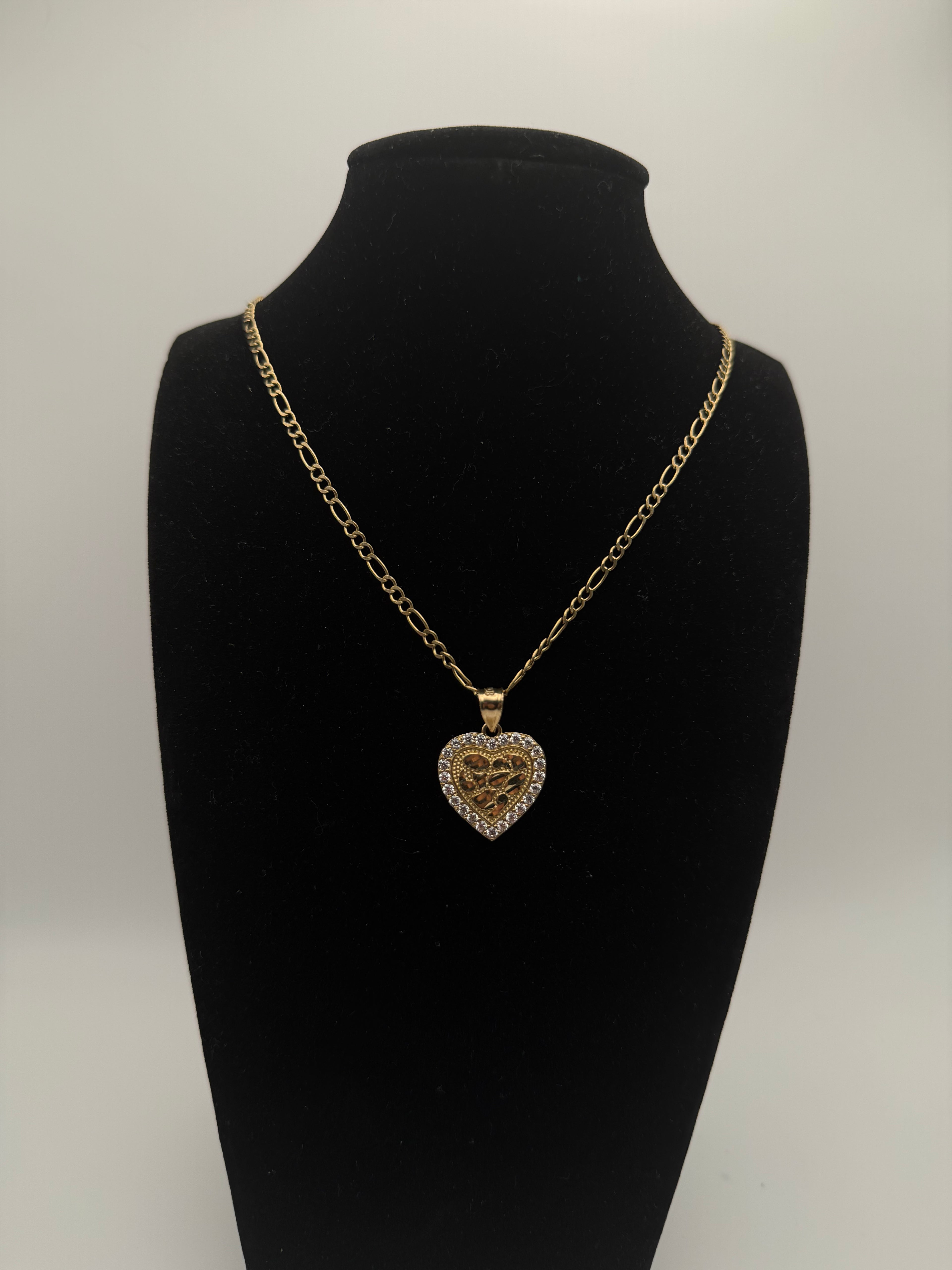 14k Gold Figaro Chain with Heart Nugget CZ diamonds