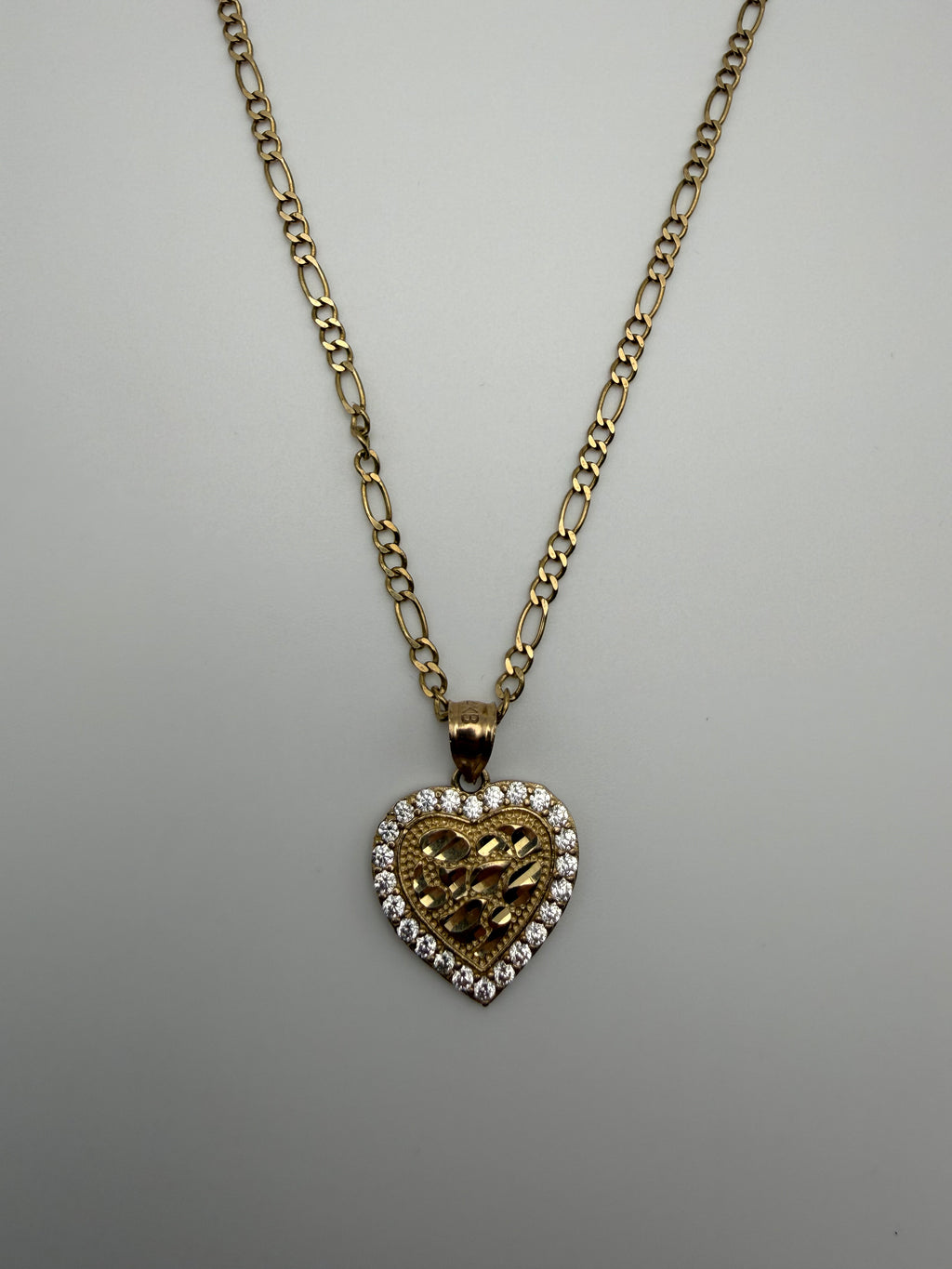 14k Gold Figaro Chain with Heart Nugget CZ diamonds