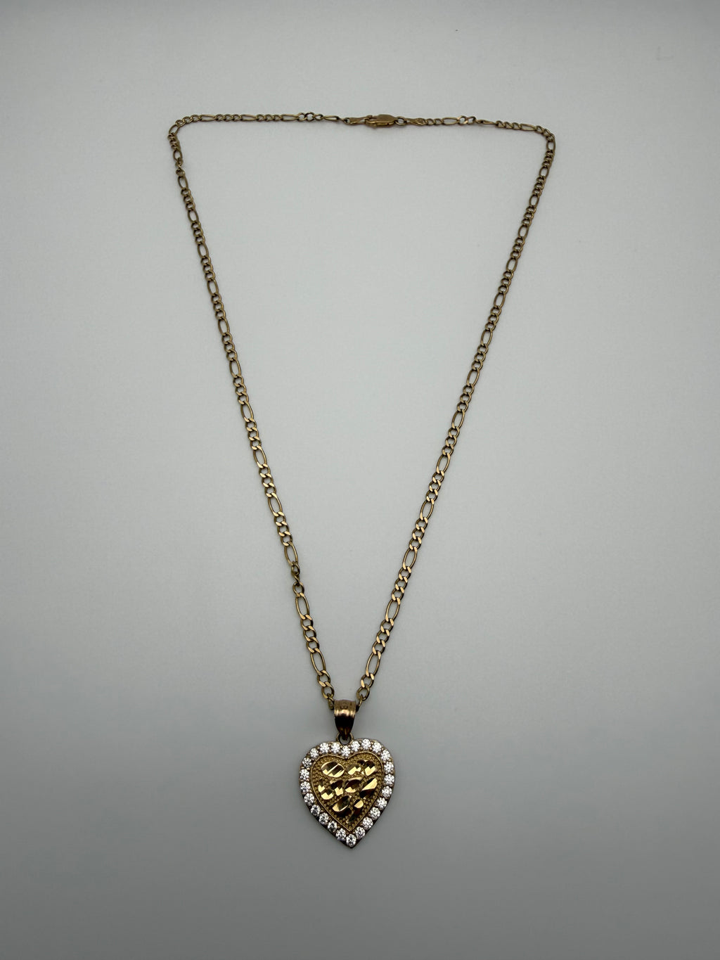 14k Gold Figaro Chain with Heart Nugget CZ diamonds