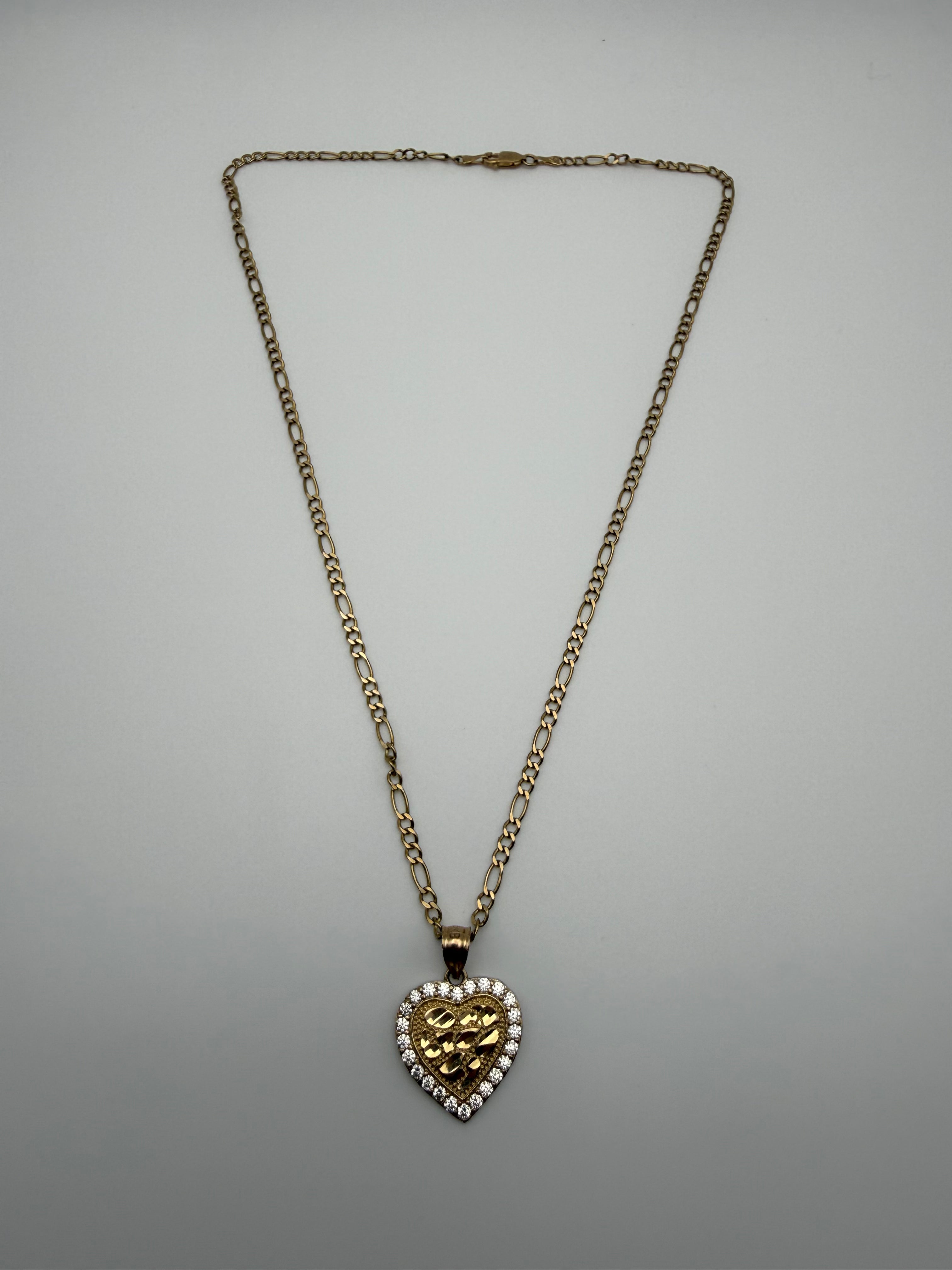 14k Gold Figaro Chain with Heart Nugget CZ diamonds