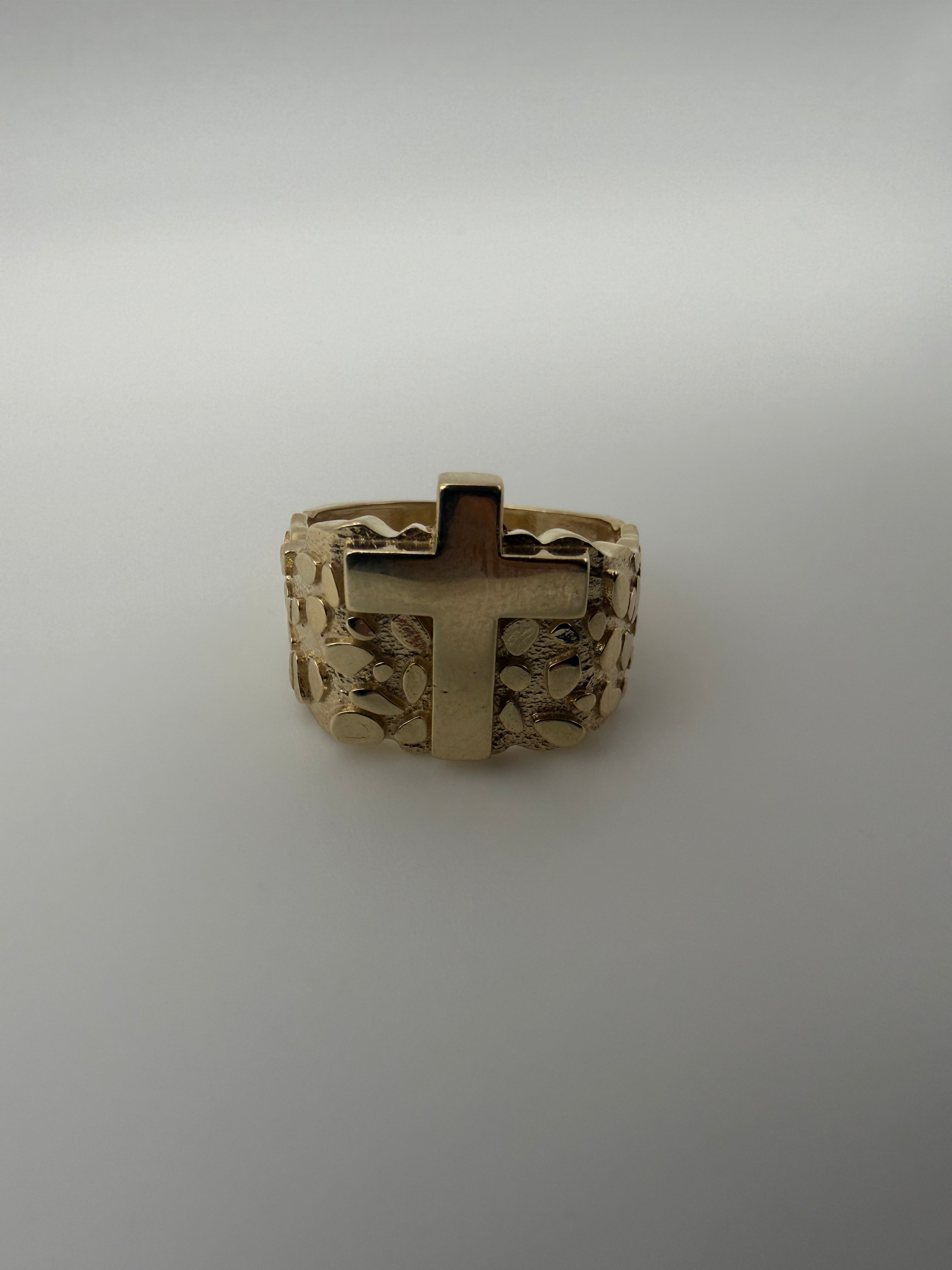 14k Gold Nugget Ring with Cross