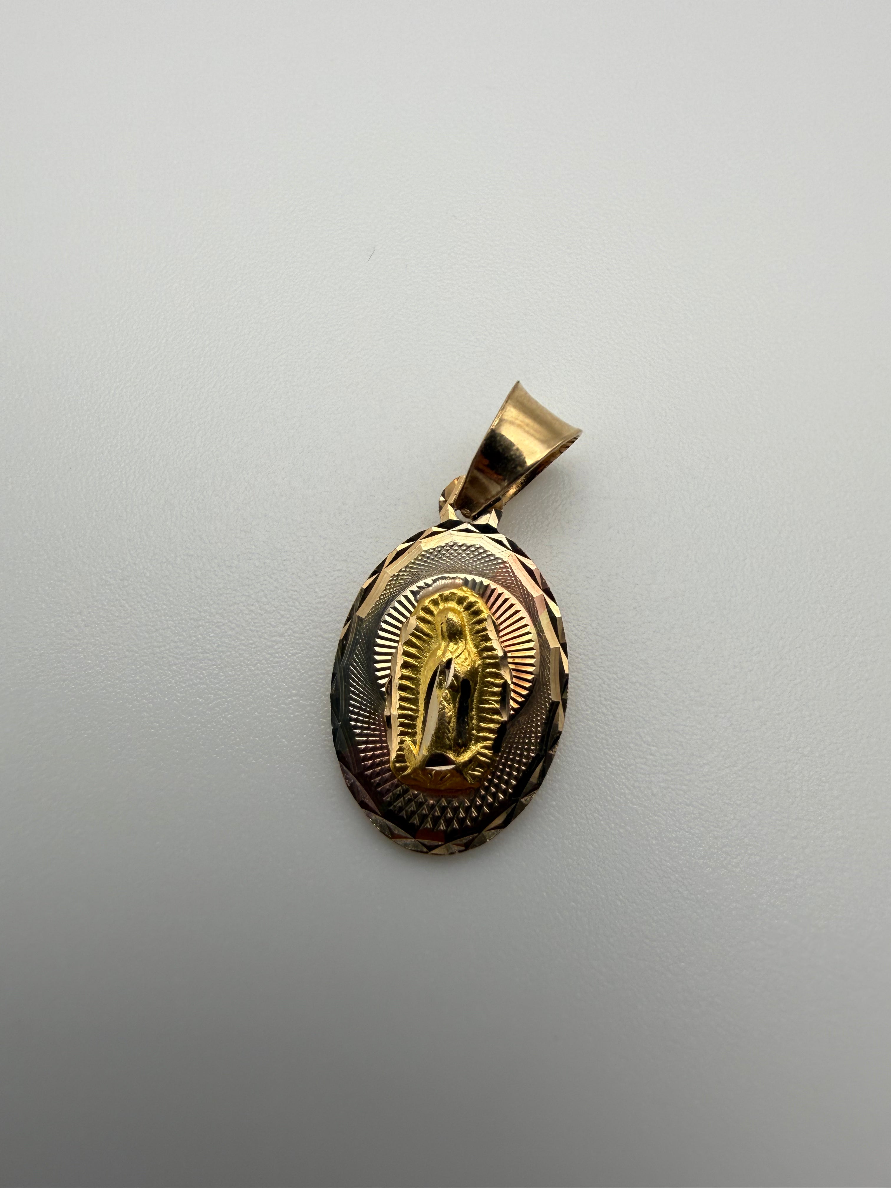 14K Gold Jesus Head and Virgin Mary Pendant