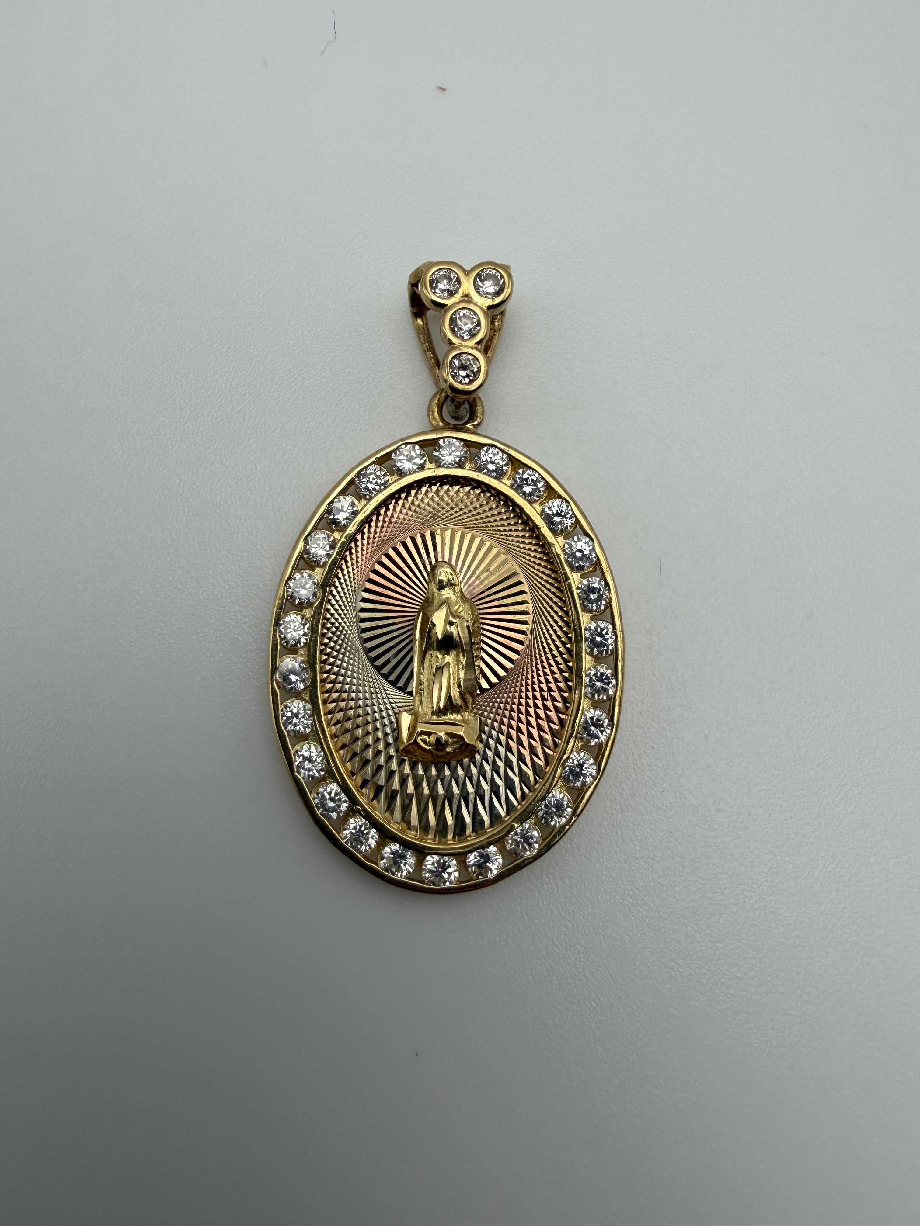 14K Gold Virgin Mary with CZ Diamonds