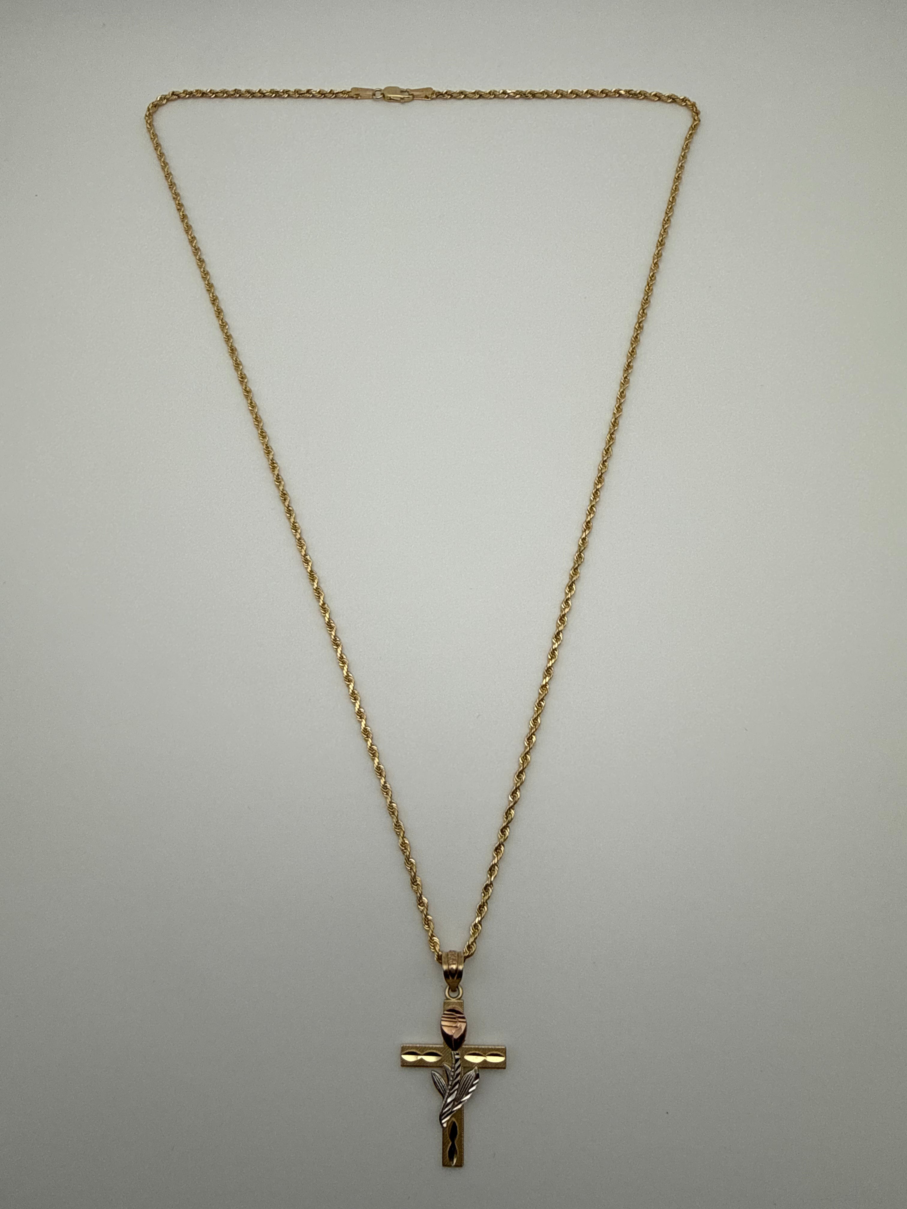 14K Gold Rope Chain with Rose Cross