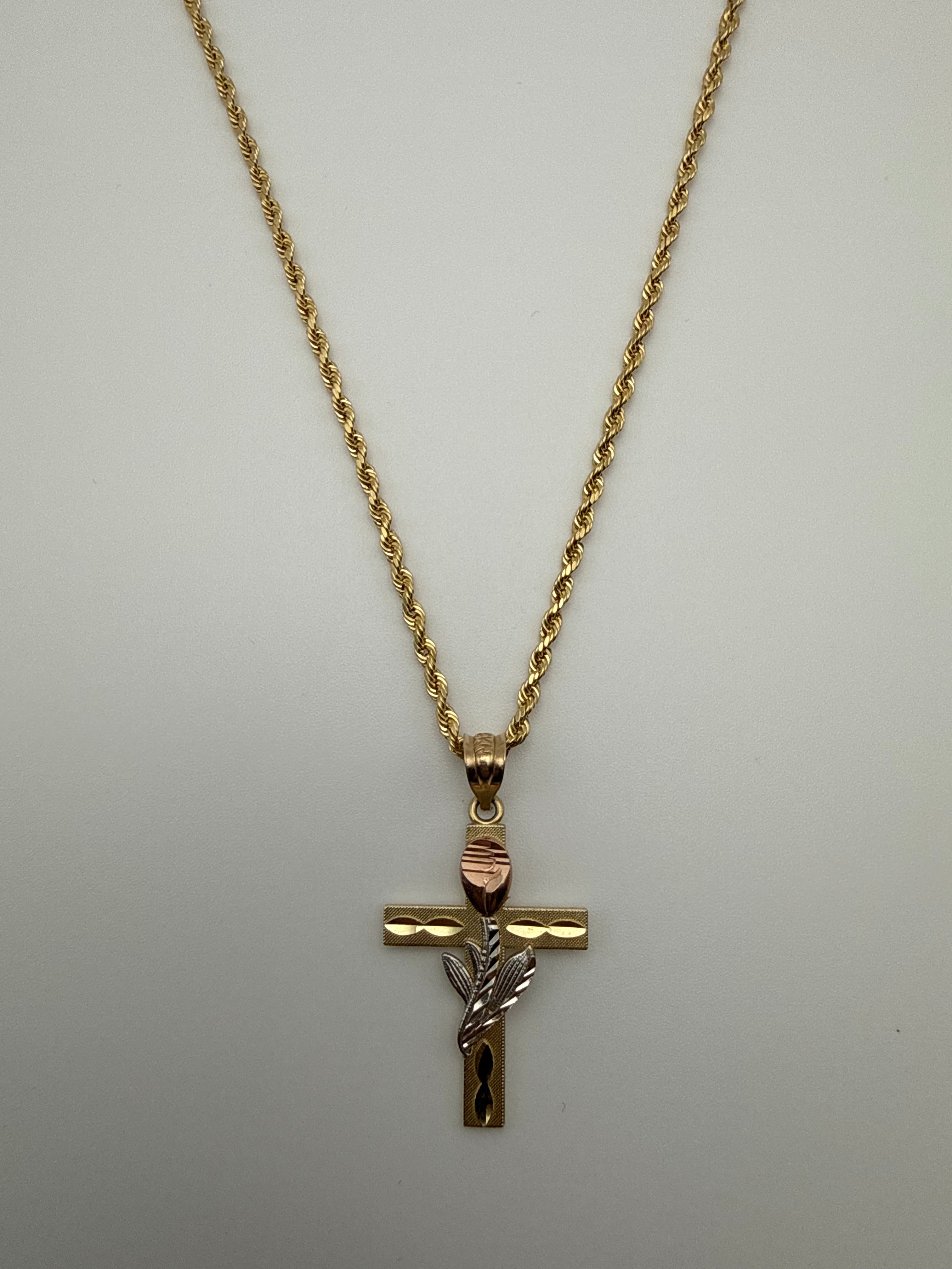 14K Gold Rope Chain with Rose Cross