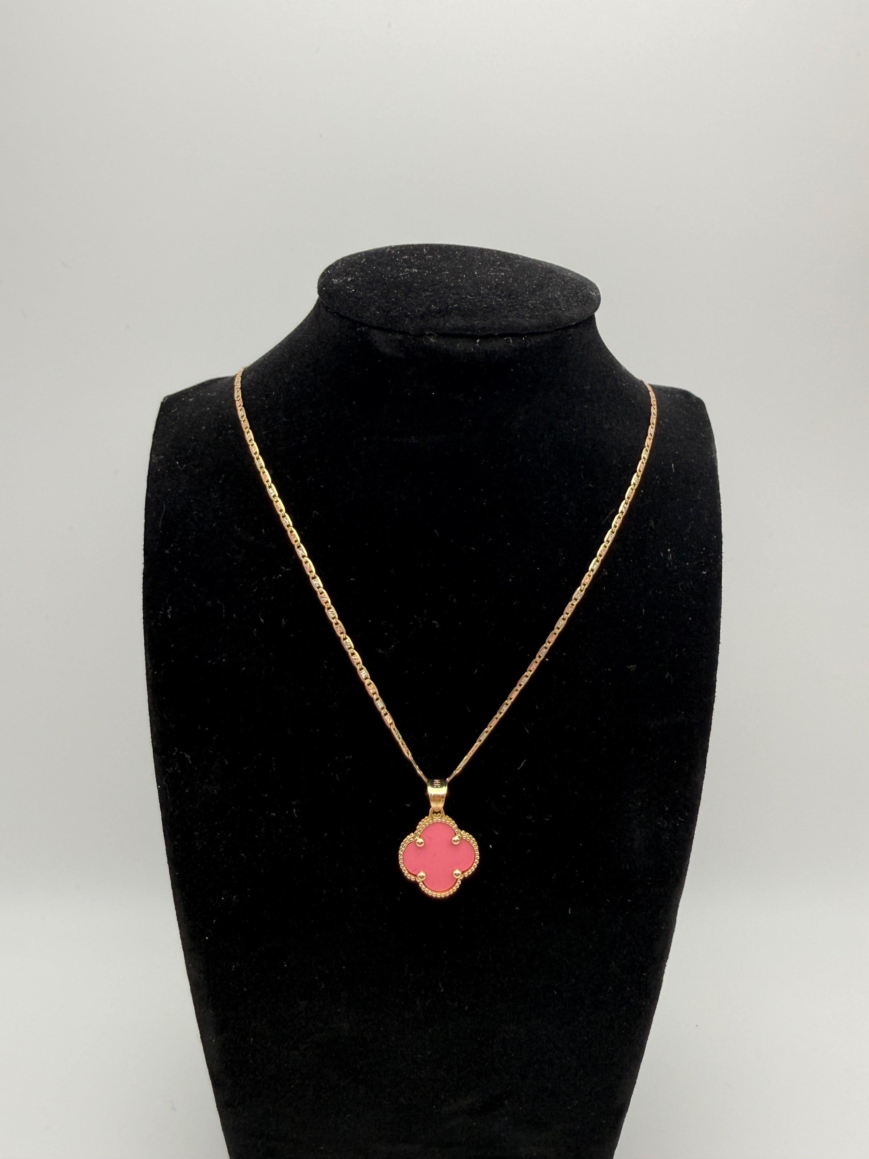 14k Gold Pink Clover Pendant with Valentino Chain