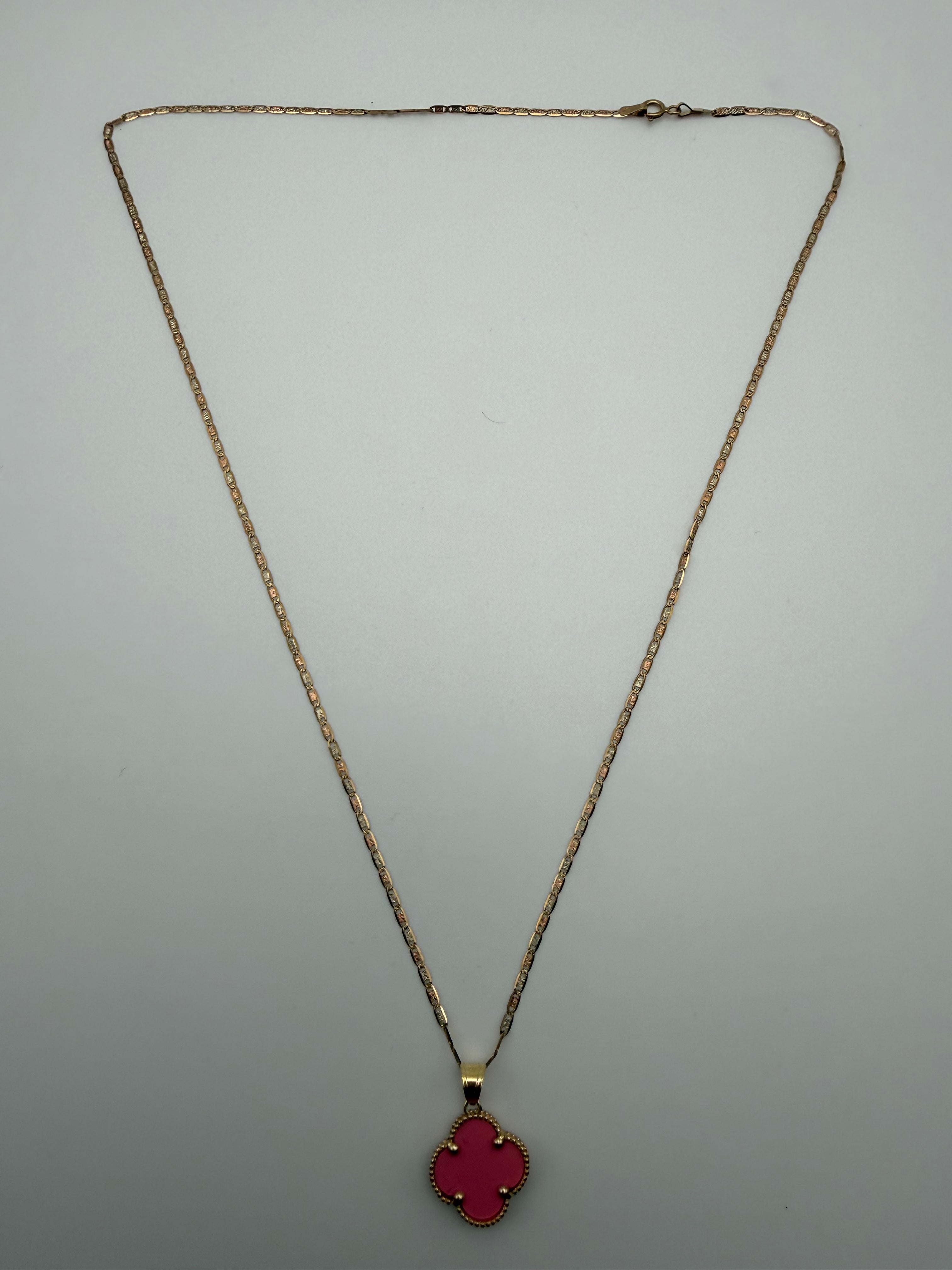 14k Gold Pink Clover Pendant with Valentino Chain