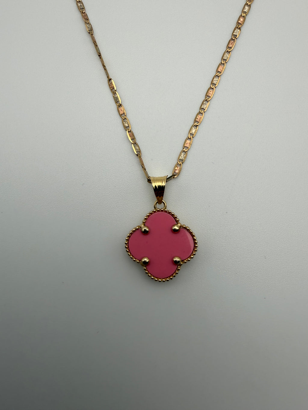 14k Gold Pink Clover Pendant with Valentino Chain