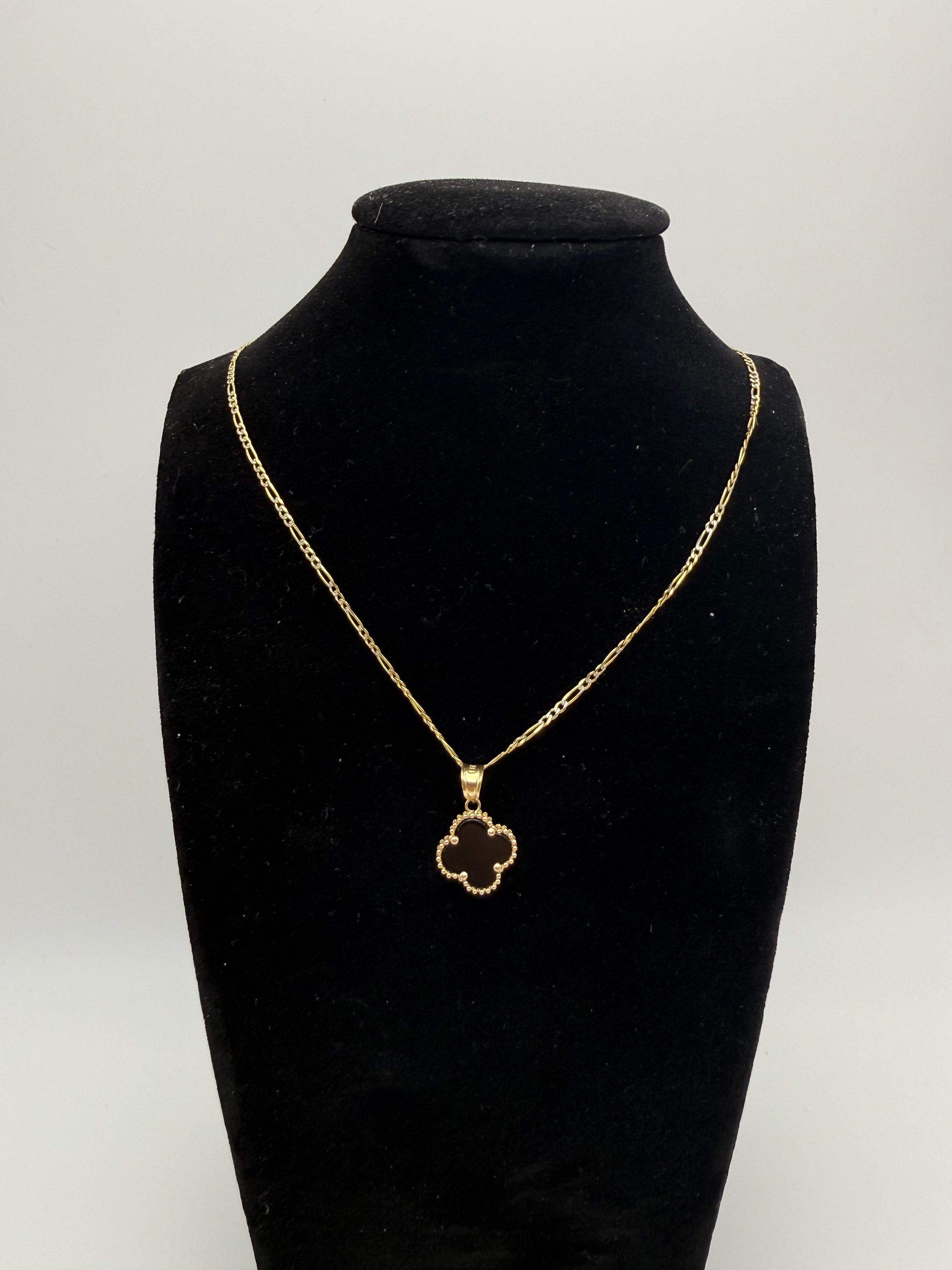 14K Gold Black Clover Pendant with Figaro Chain