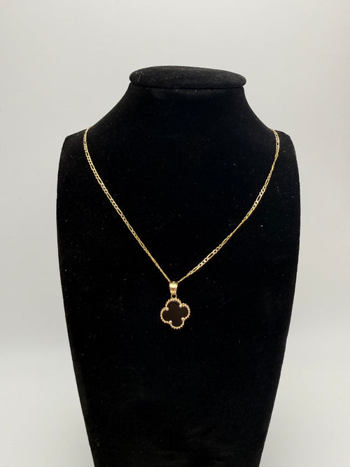 14K Gold Black Clover Pendant with Figaro Chain