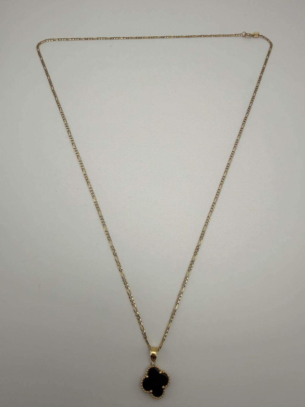 14K Gold Black Clover Pendant with Figaro Chain
