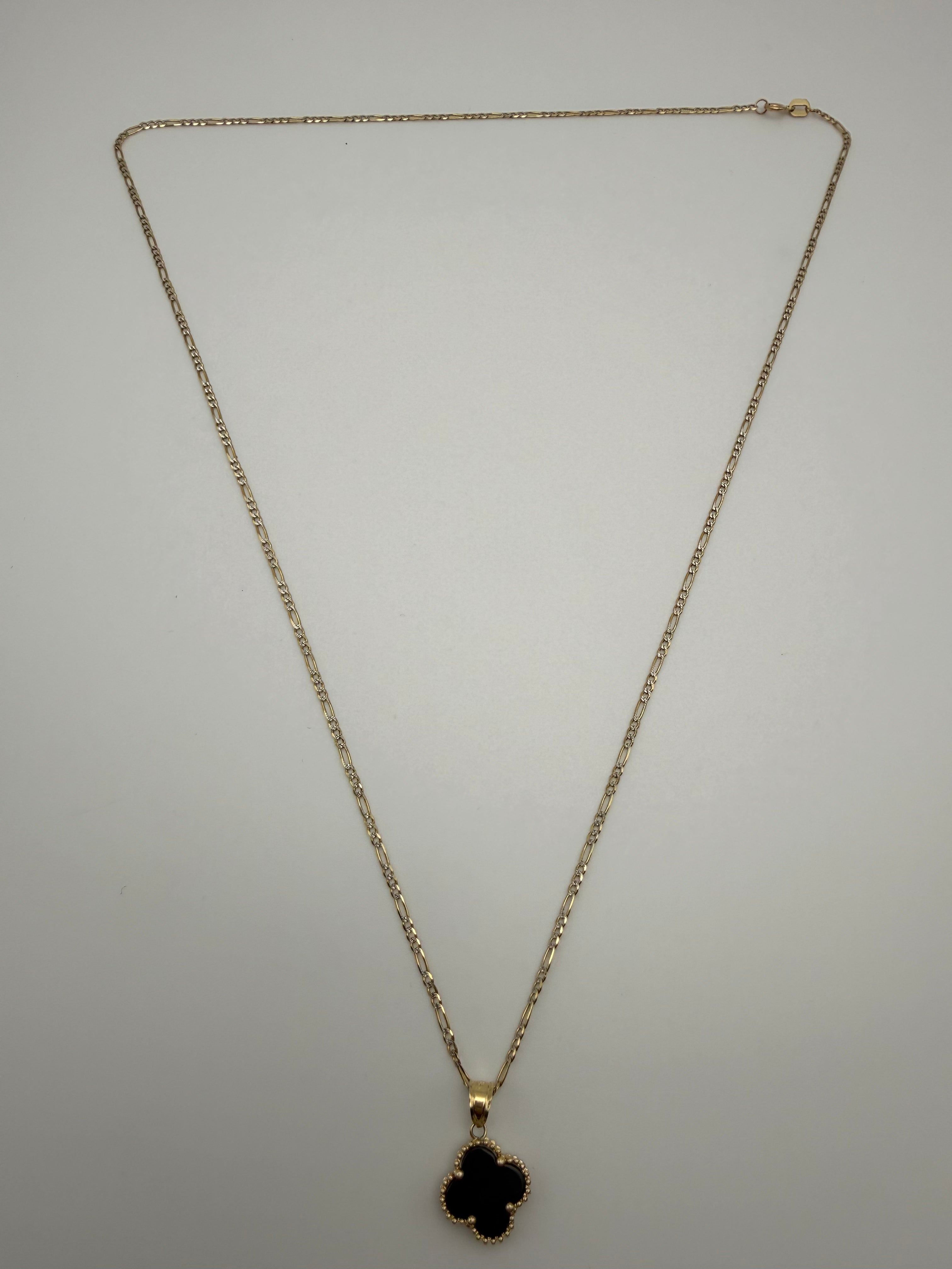 14K Gold Black Clover Pendant with Figaro Chain