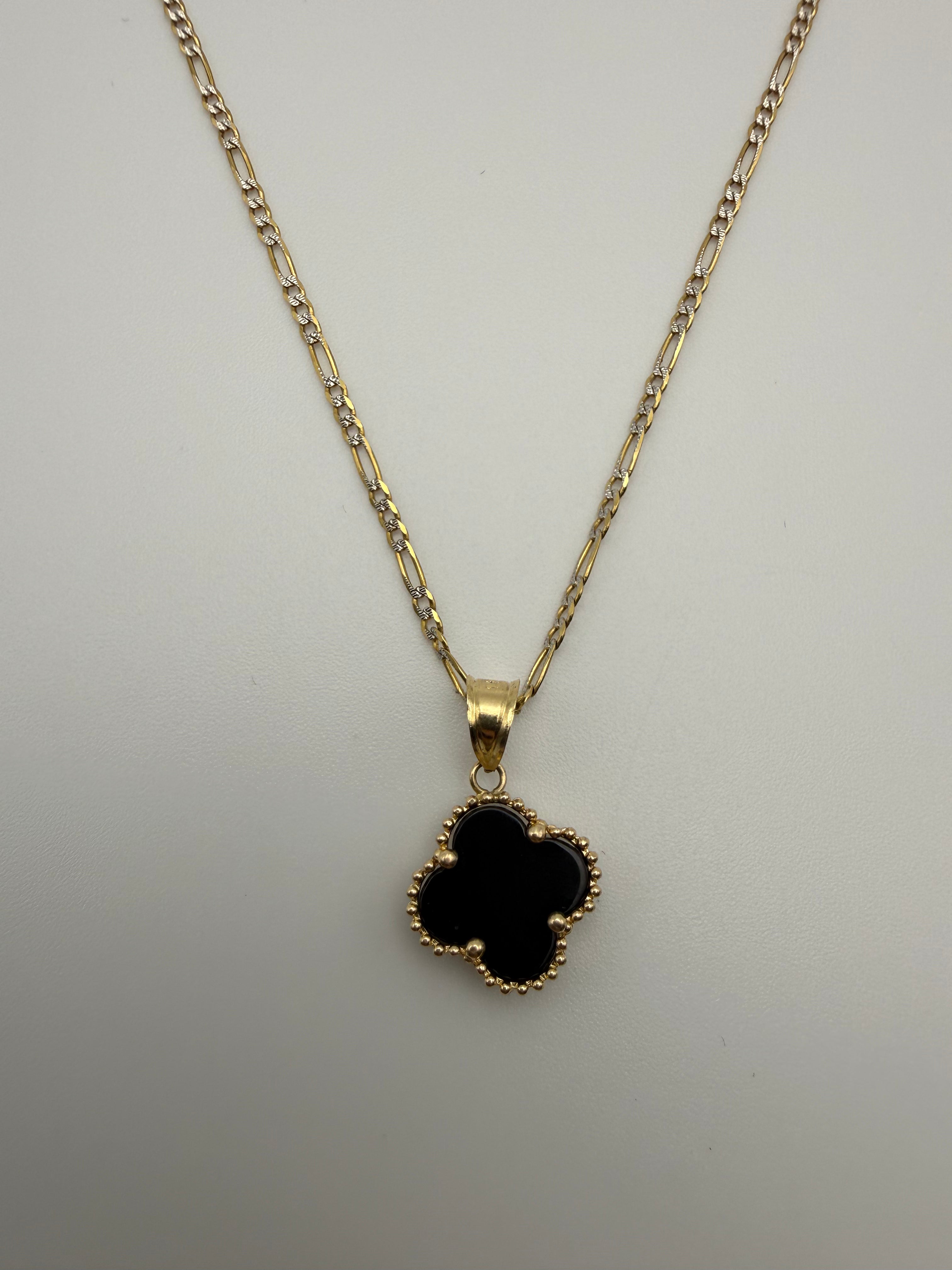 14K Gold Black Clover Pendant with Figaro Chain