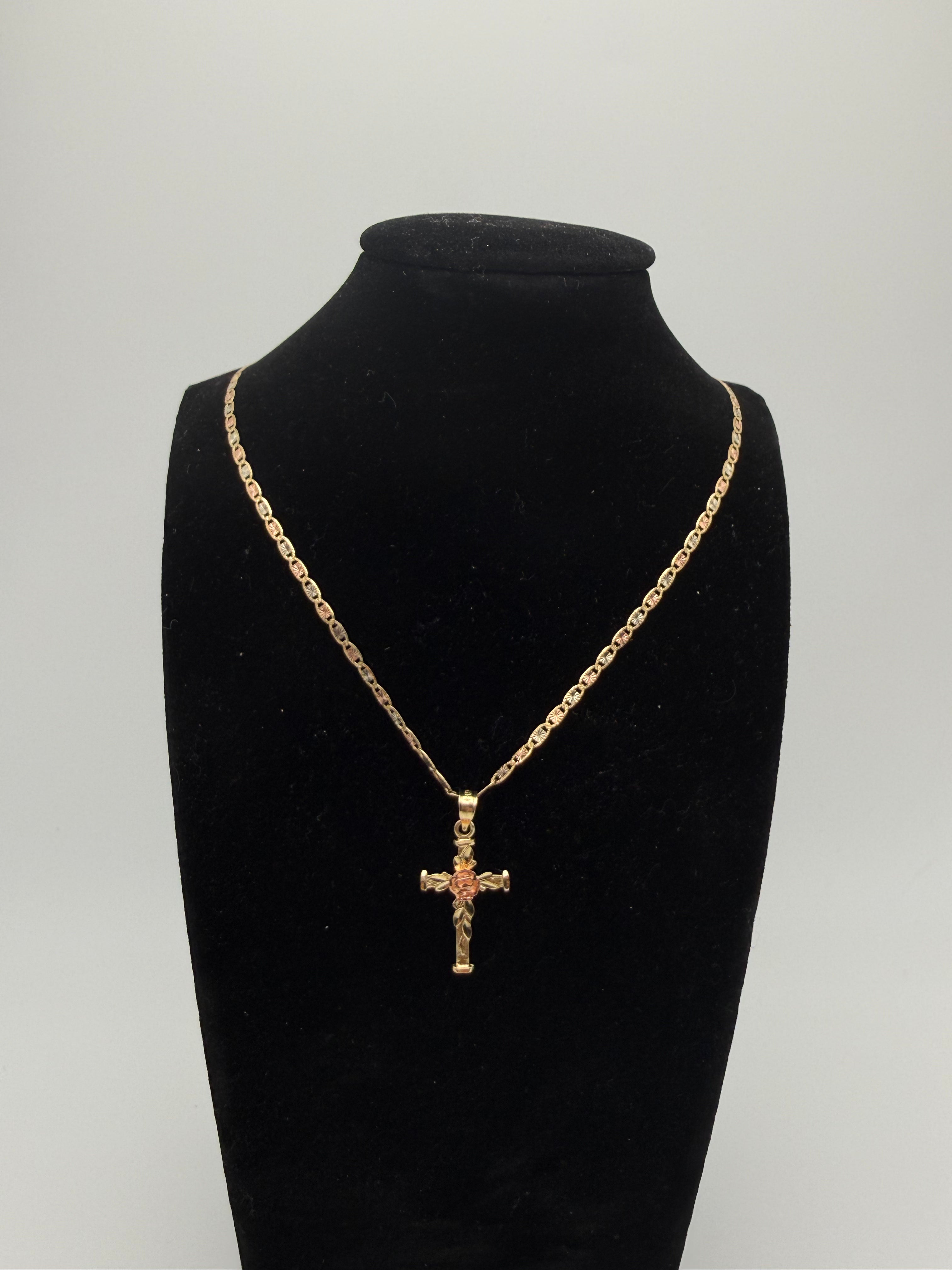 14K Gold Cross Rose Pendent with Valentino Chain