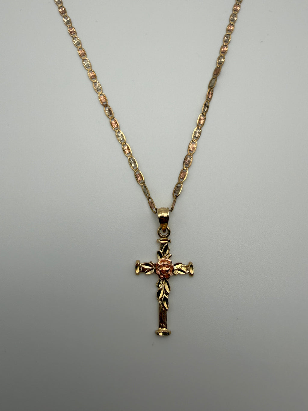 14K Gold Cross Rose Pendent with Valentino Chain