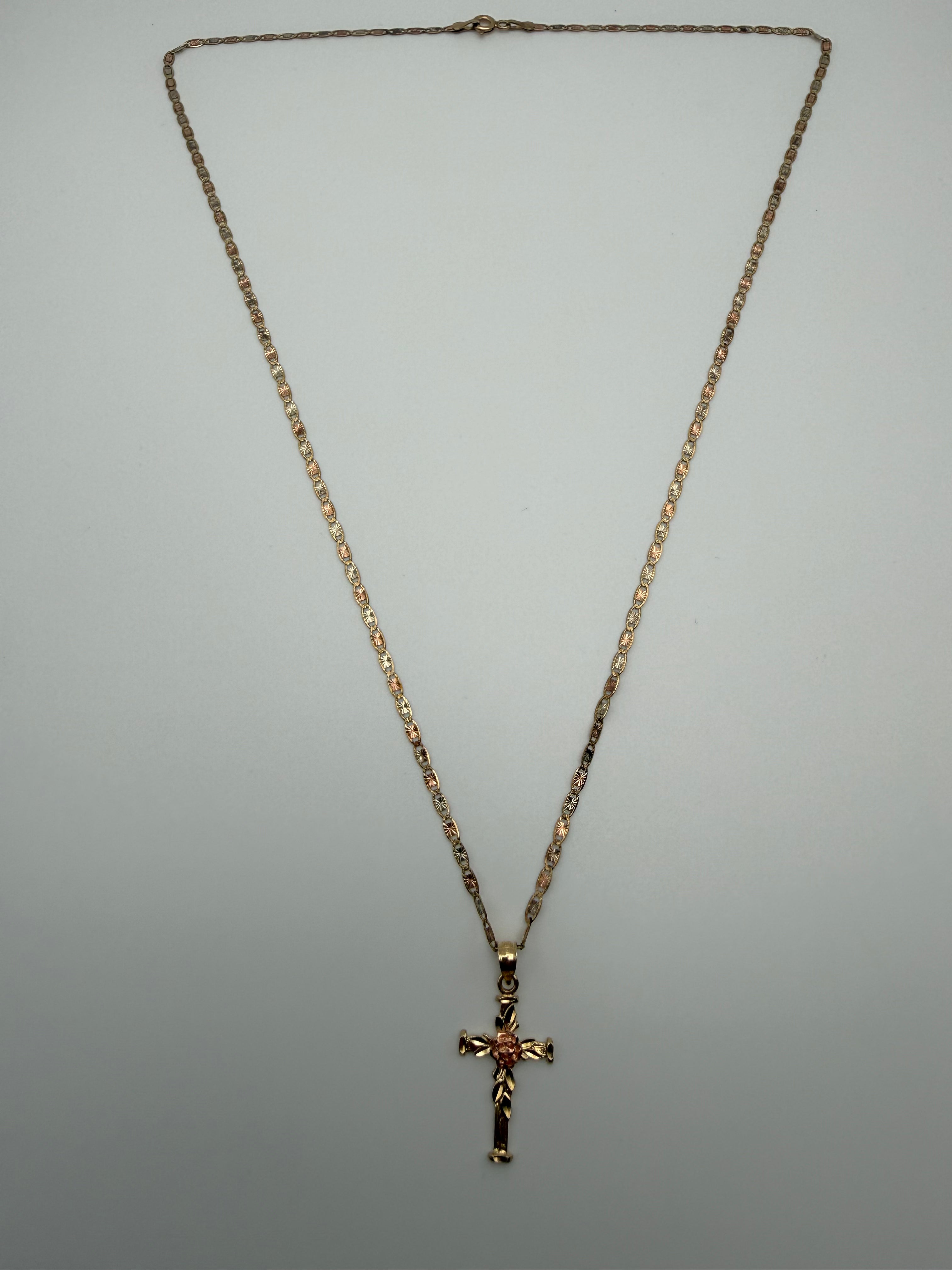 14K Gold Cross Rose Pendent with Valentino Chain